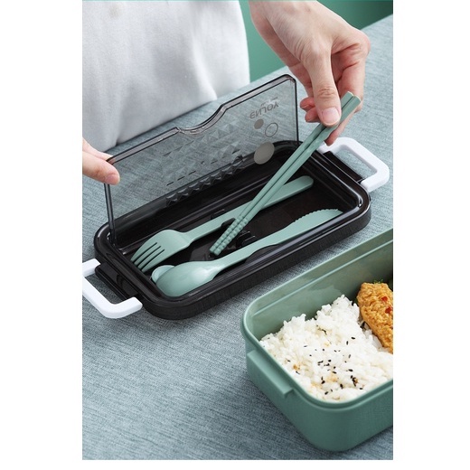 Hộp Đựng Cơm Văn Phòng Hộp Đựng Thức Ăn Giữ Nhiệt 2 Tầng LUNCH BOX 1050ml - Tặng Kèm Bộ Đũa Muỗng