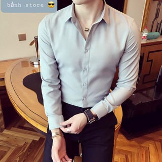 Áo Sơ mi nam lụa trơn không nhăn body hình thật 100%