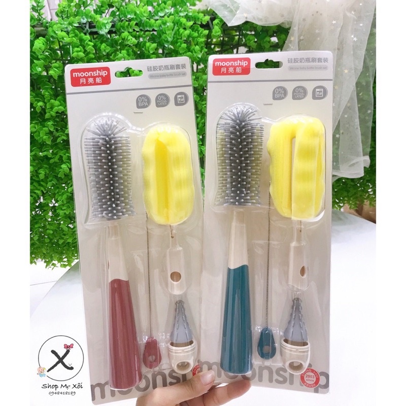 Cọ rửa bình sữa silicone cao cấp, Bộ 4 chi tiết rửa bình sữa,ống hút cao cấp moonship