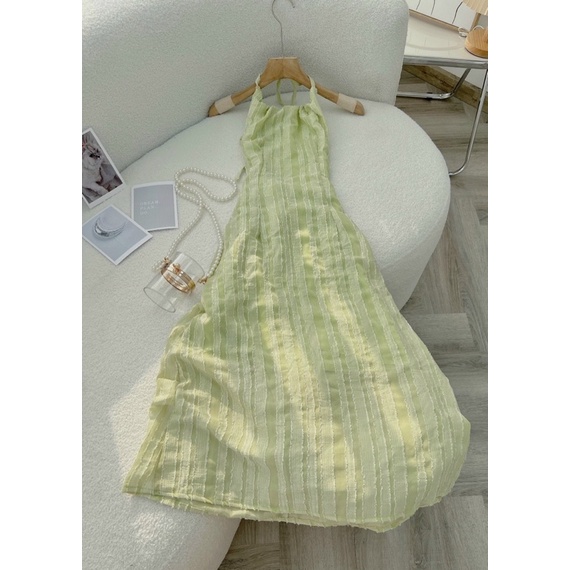 Đầm midi xanh cổ yếm phối nơ lưng