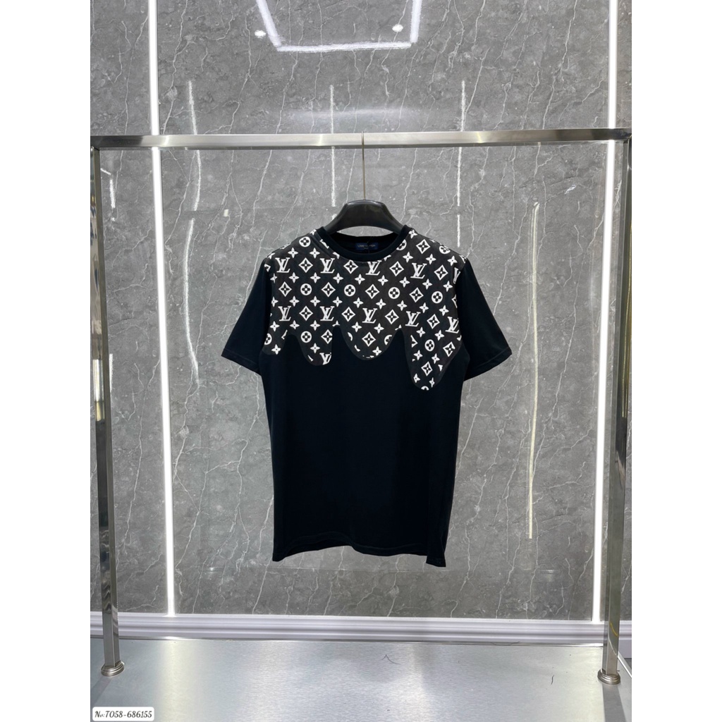 Áo thun tay lỡ LV phối vai họa tiết BIGOMALL - Áo phông nam nữ unisex freesize form rộng 65kg chất cotton