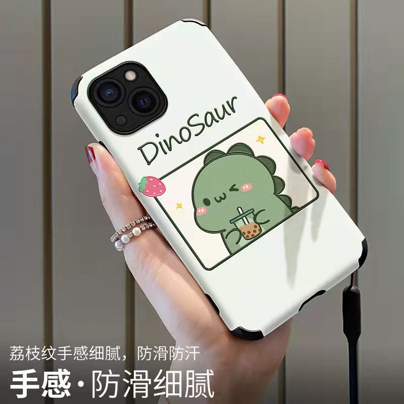 Ốp Điện Thoại Da Cừu Chống Sốc Hình Khủng Long Uống Trà Sữa Cho iPhone13 / 14 pro max Xr 11promax 67 / 8plus