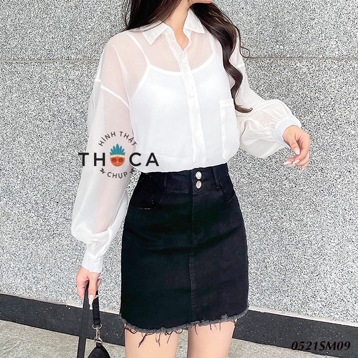 Áo sơ mi voan tay phồng tặng kèm áo 2 dây croptop THOCA HOUSE 2 màu đen, trắng chuẩn style Hàn freesize dưới 56kg