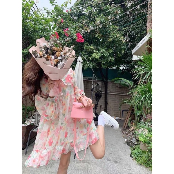 Váy babydoll hoa tơ cổ vuông bèo tay bo