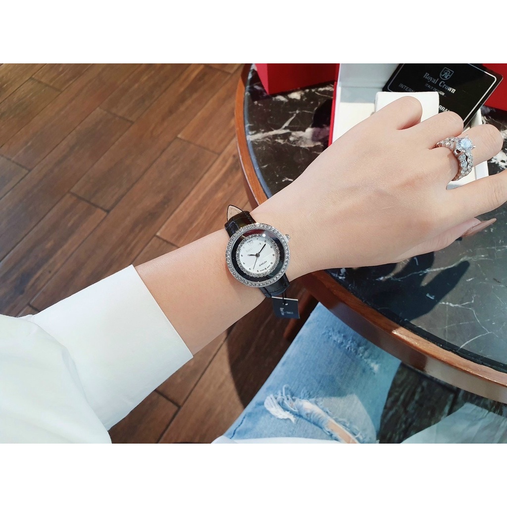 Đồng hồ nữ dây da RCrown32 thời trang đính đá dây đen mặt trắng