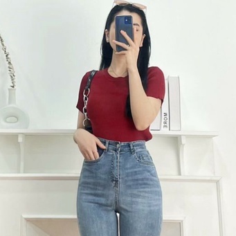 Áo thun gân  nữ FM Style, áo kiểu basic cổ tròn thời trang I Fm Style Online 205170073