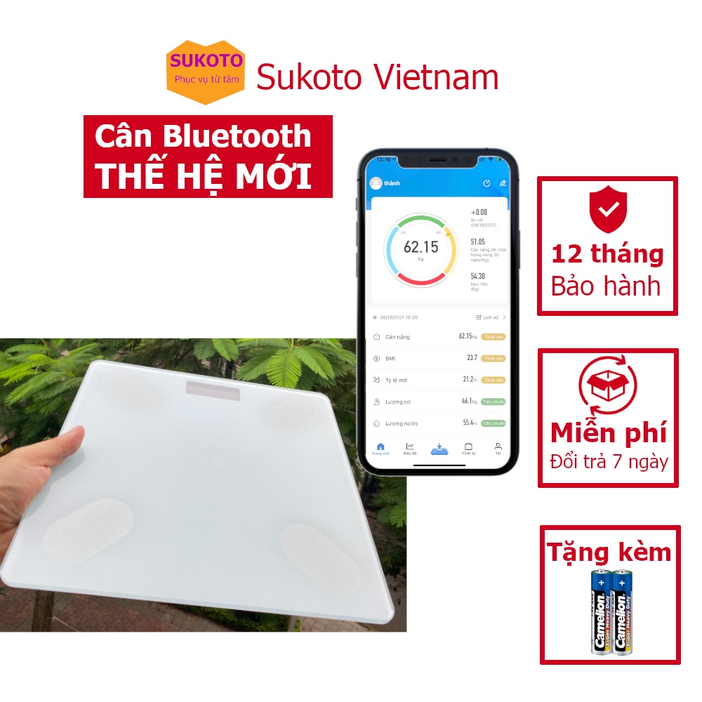 Cân điện tử sức khỏe Bluetooth SUKOTO – Phân tích sức khỏe qua 12 chỉ số