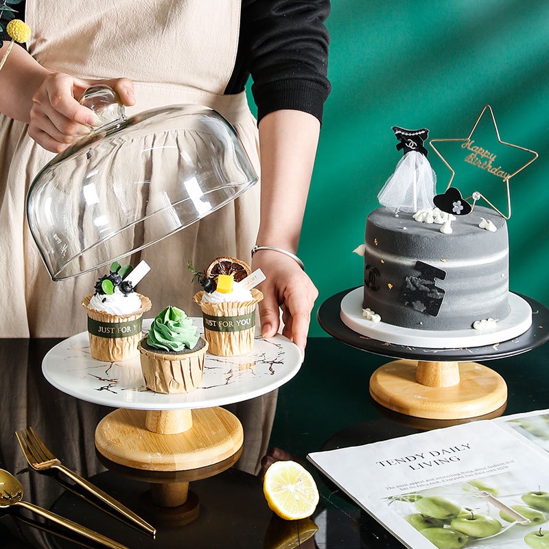 Khay bánh vân đá nắp chụp kính trong suốt bắt mắt trang trí bàn tiệc phòng bếp, Khay sứ đựng bánh có nắp đậy bằng kính t
