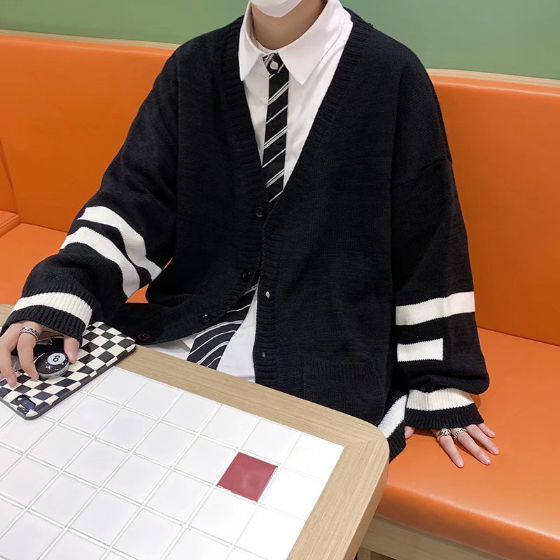 Áo khoác cardigan dệt kim cổ chữ V màu trơn kẻ sọc thời trang cho nam