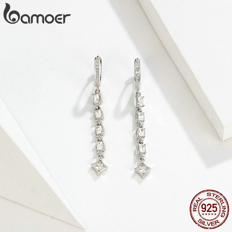 Khuyên tai Bamoer SCE583 dáng dài chốt bạc 925 thời thượng dành cho nữ