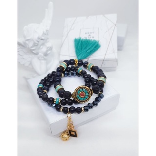 Bộ 3 vòng tay đá cát xanh đen mặt charm boho