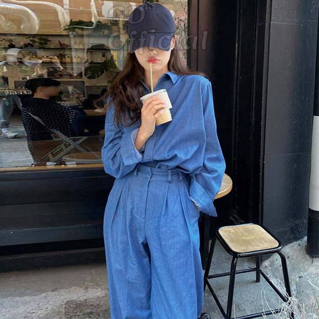 |Set bộ nữ áo sơ mi polo dài tay rộng, quần tây vải cạp lưng cao suông thẳng chất cotton dày dặn xanh GD Official