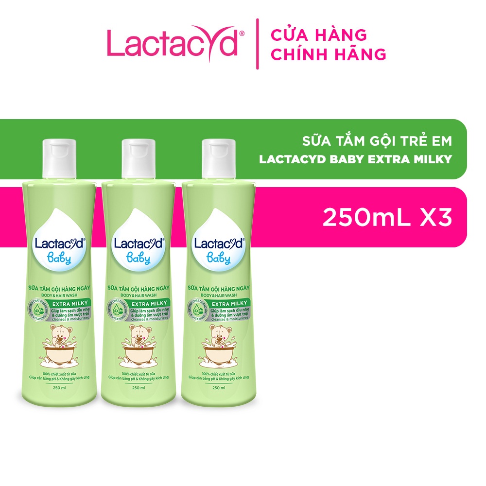 Bộ 3 chai Sữa Tắm Gội Trẻ Em Lactacyd Baby Extra Milky Làm Sạch Dịu Nhẹ và Dưỡng Ẩm Vượt Trội 250ml/chai