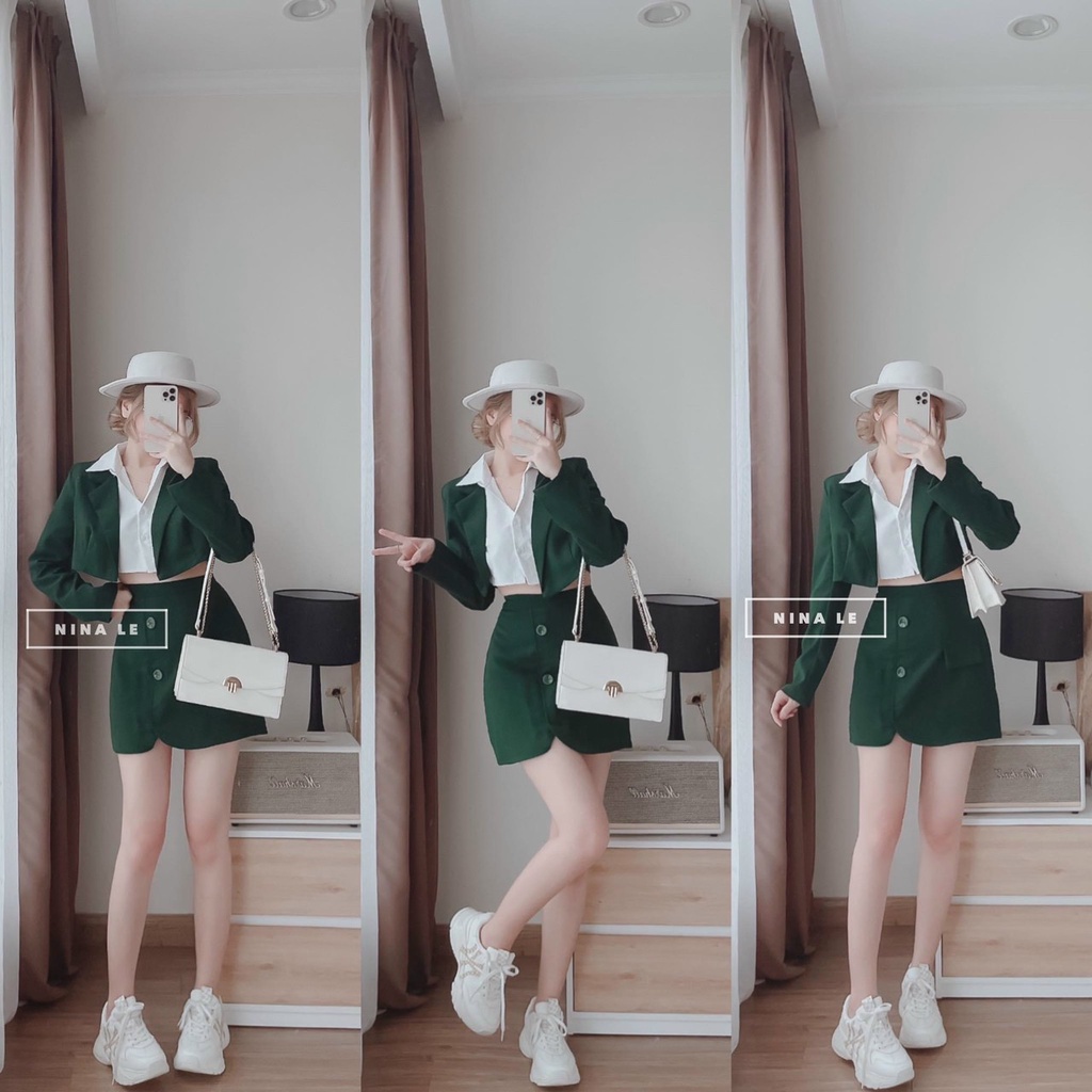 Áo blazer nữ - áo vest nữ,Sét bộ 3 món gồm áo blazer mix áo sơ mi croptop và chân váy xinh xắn