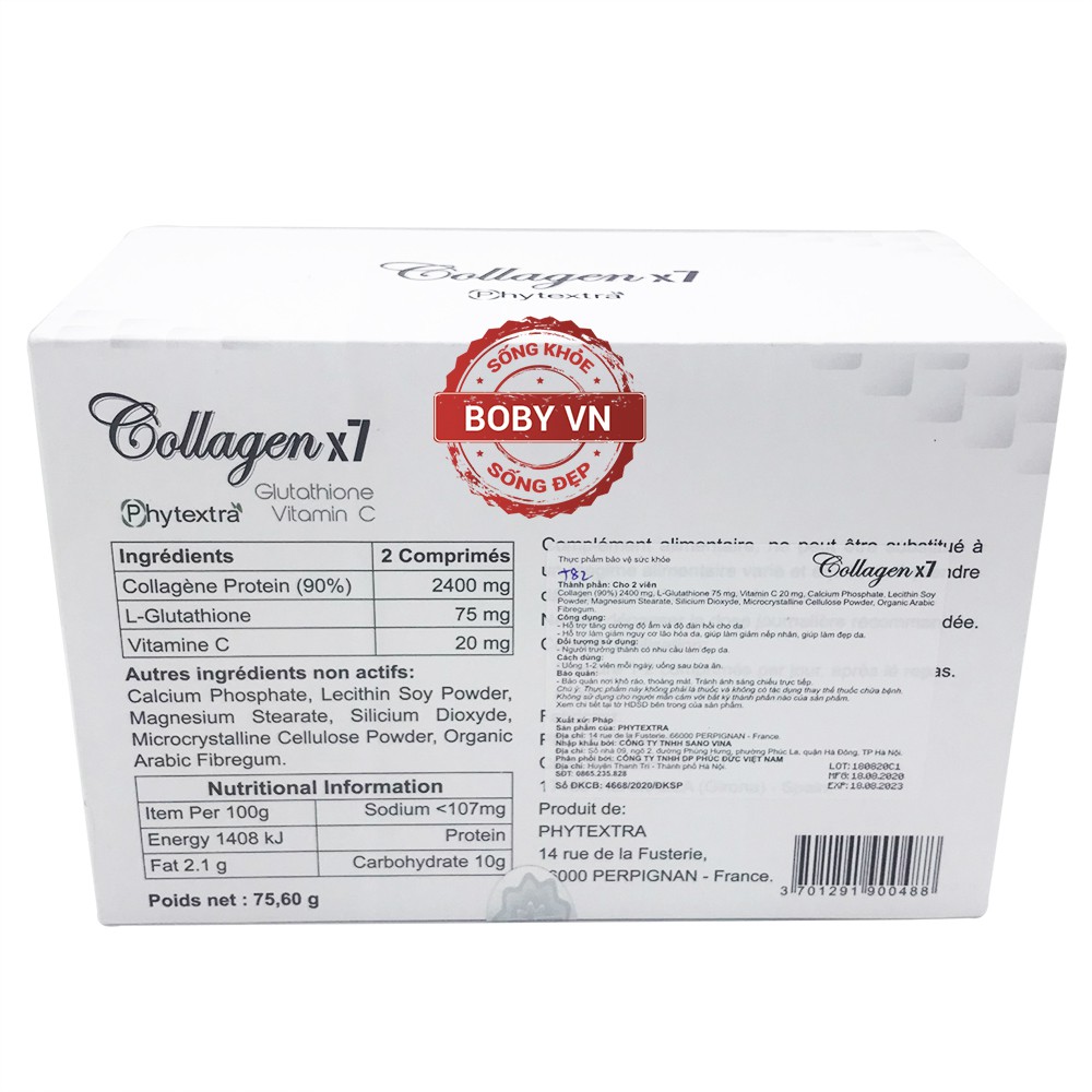 Collagen x7 bổ sung Glutathione và Vitamin C hộp 60 viên - Xuất xứ Pháp - Boby