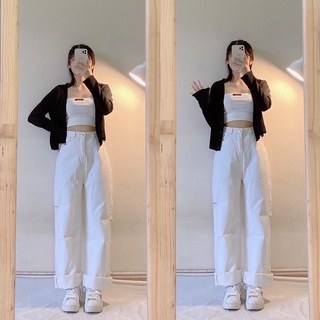 Quần jeans ống rộng rách sườn