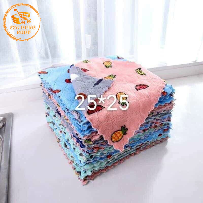 Khăn Lau 2 Mặt Họa Tiết Hoa Quả Hoạt Hình 25x25cm Siêu Thấm Hút Nước Vải San Hô