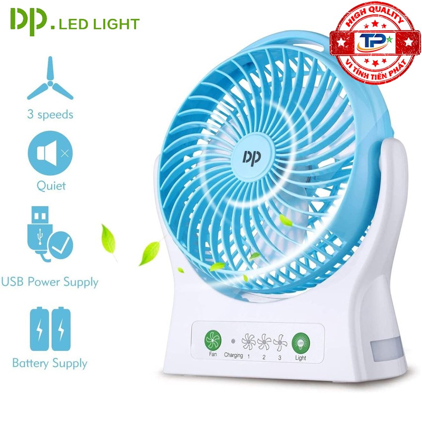 Quạt sạc tích điện DP DP-7605 / DP-1425C tích hợp đèn LED chiếu sáng - loại quạt lớn gió rất mạnh (xanh)