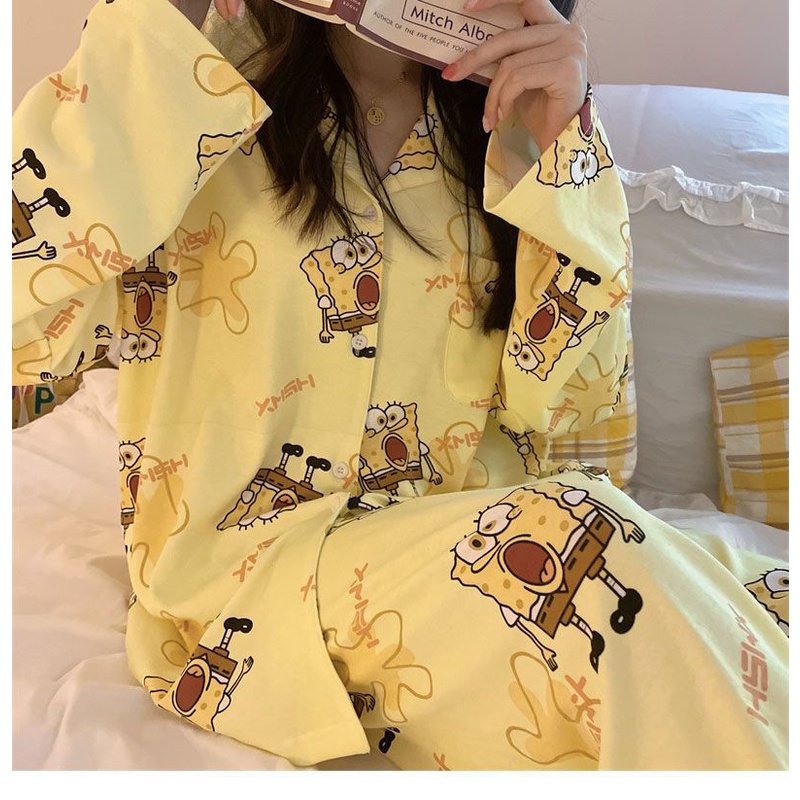 Bộ Đồ Ngủ Tay Dài In Hoạt Hình spongebob Phong Cách Hàn Quốc Cho Nữ