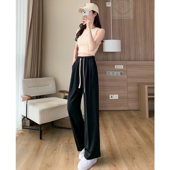 Quần ống rộng nữ lưng chun cạp cao dây rút dáng dài thể thao vải đen nâu- Quần tây ống suông rộng Kanimi