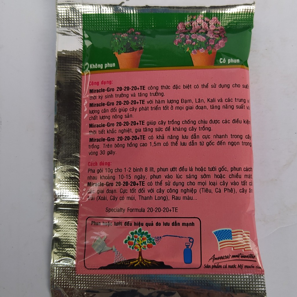 Phân bón lá dùng cho Hoa Hồng Miracle Gro 20-20-20+Te ( Dùng cho Lan, Hồng, dinh dưỡng cân bằng cho cây trồng)