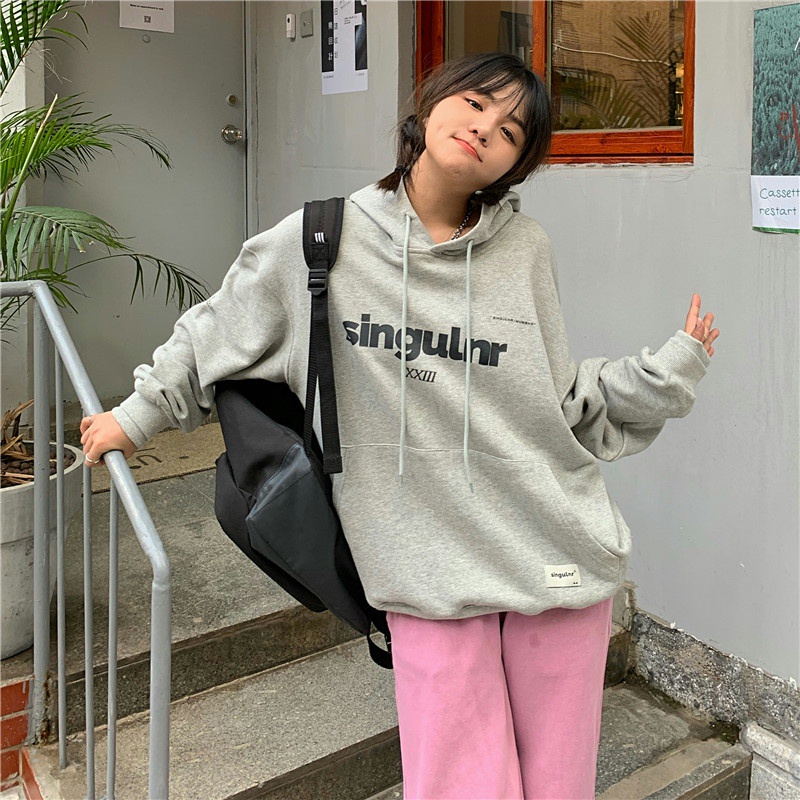 Áo hoodie dáng rộng họa tiết chữ thời trang Hàn Quốc