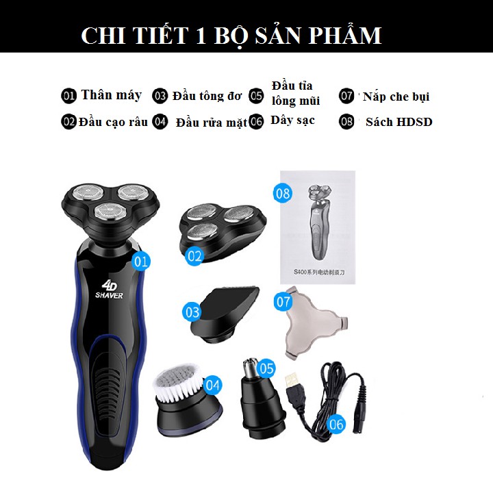 Máy cạo râu nam 4 trong 1 gồm chức năng cạo râu, cắt tóc, rửa mặt, tỉa lông mũi sạc điện chính hãng Shaver 4D