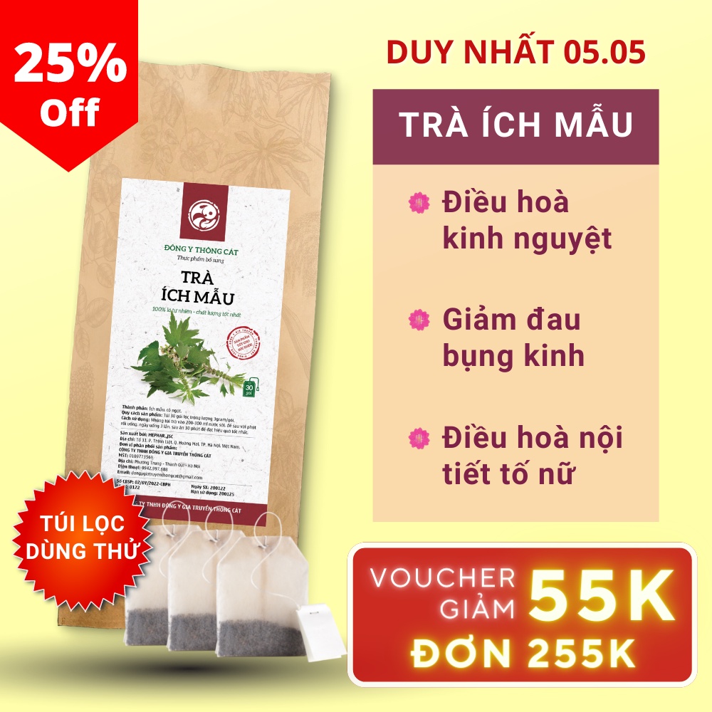 Trà Ích Mẫu Đông Y Gia Truyền Thông Cát [DÙNG THỬ]_Trà thảo mộc túi lọc điều kinh, cân bằng nội tiết, giảm đau bụng kinh