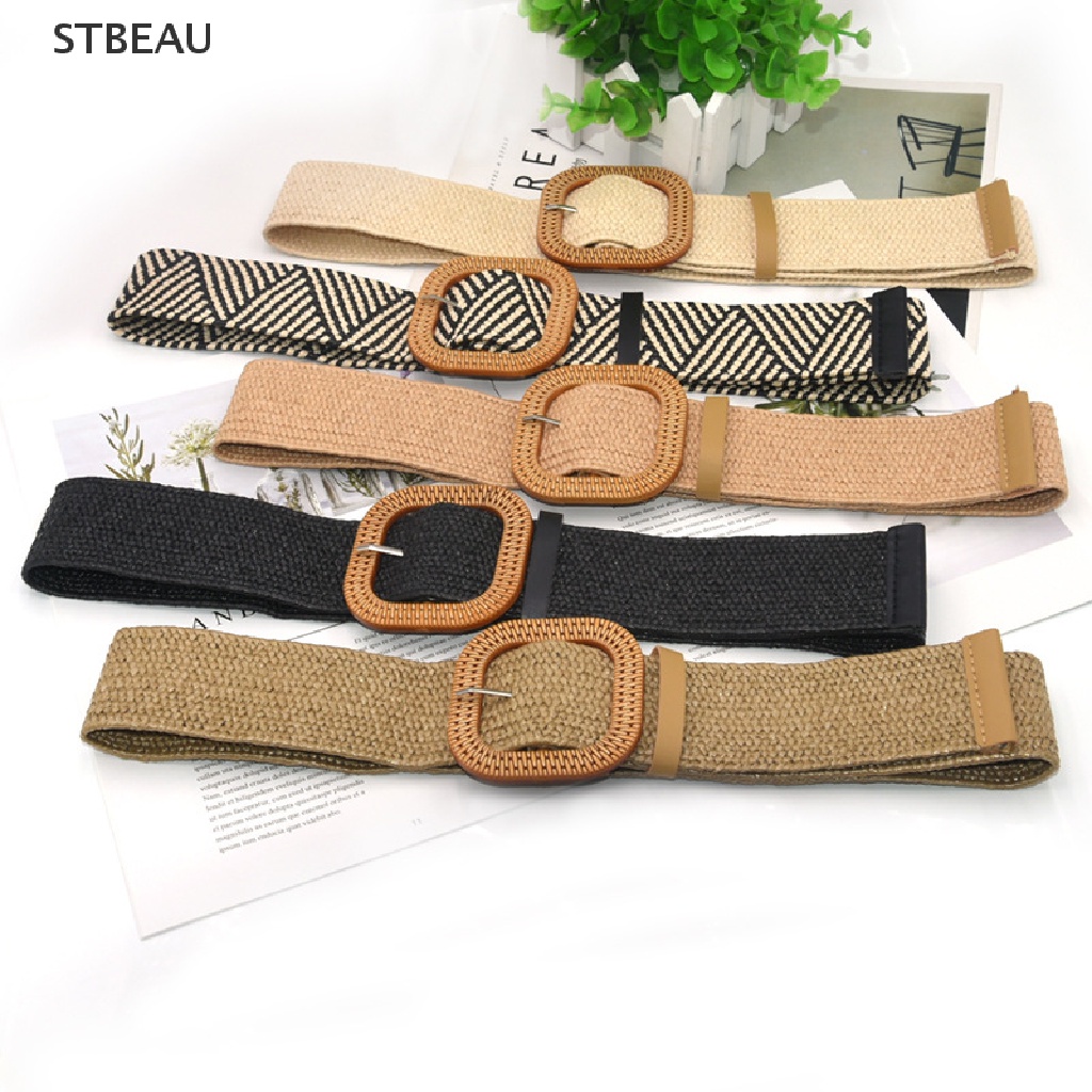 Thắt Lưng Đan Rơm Co Giãn Khóa Vuông Phong Cách Boho Cổ Điển Thời Trang Mùa Hè Cho Nữ