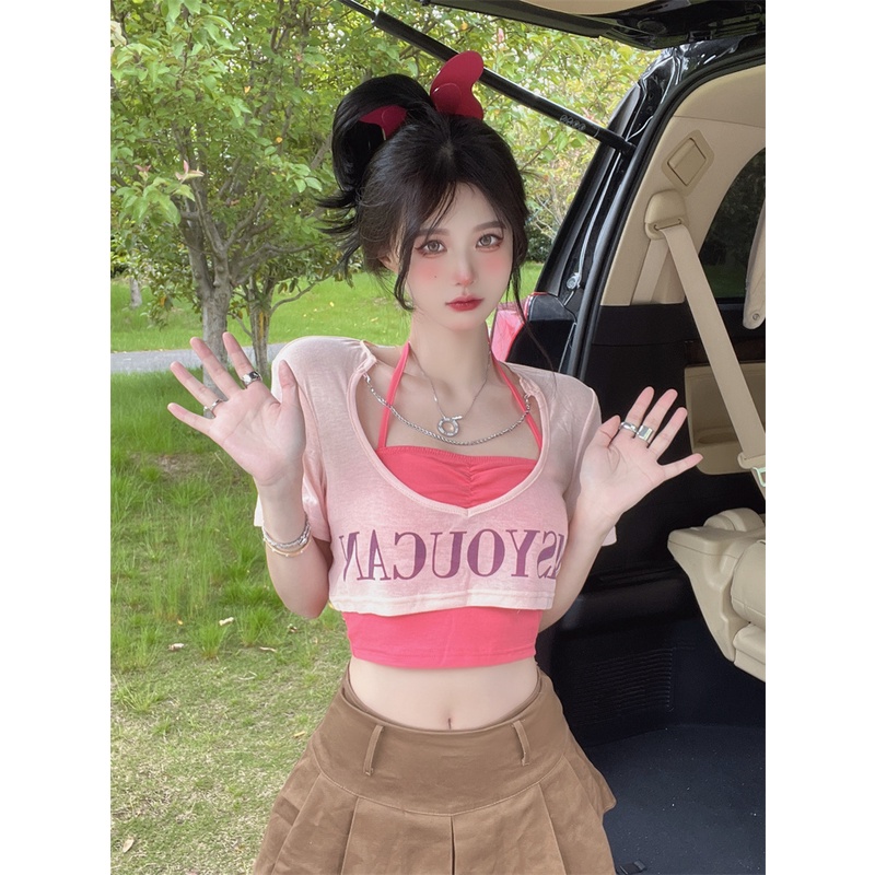 HUANG YOYO Set Áo Thun Dây Đan Chéo Trước Ngực + Áo Thun Dài Tay Thời Trang Nữ