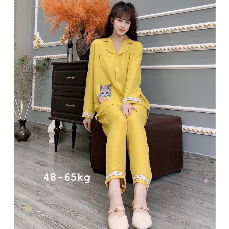 Bộ pijama sau sinh dài tay vải thô đũi áo mở khoá ti free size 48-65kg, bộ đồ cho con bú sau sinh