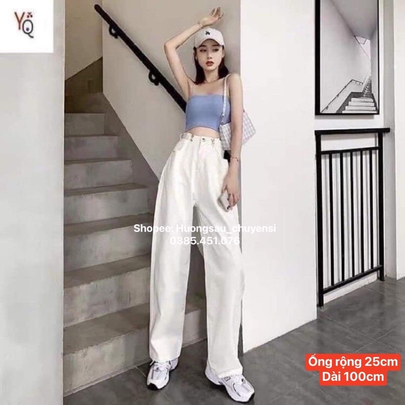 Quần Bò Nữ, Quần Jeans MÀU TRẮNG CÀI MÓC  Ống Rộng Dáng Dài Lưng Cao Dễ Phối Đồ