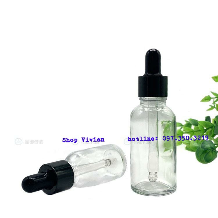 Chai đựng Tinh Dầu, Serum 20ml, Thuỷ Tinh Trong suốt, Nắp Bóp Đen bóng