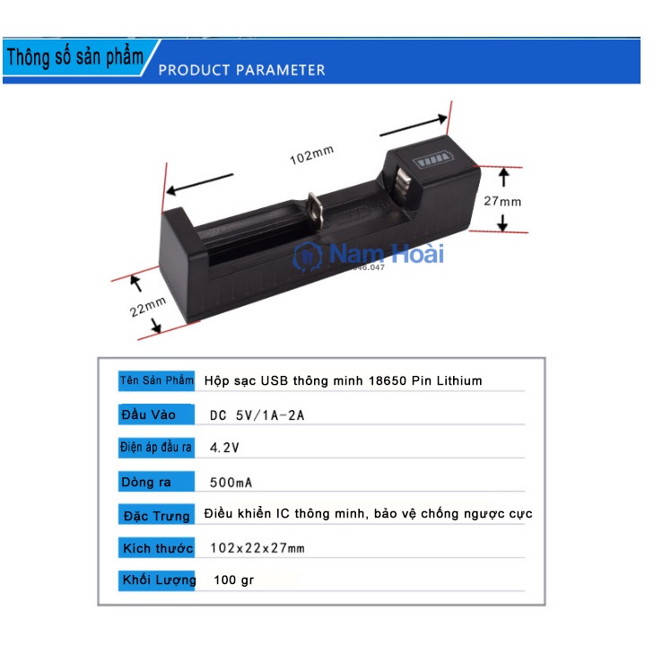 Bộ sạc nhanh pin LJ-4205-1P 18650 14500 16340 USB thông minh 1 ngăn cải tiến thông dụng