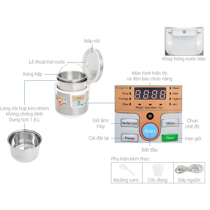 NỒI CƠM ĐIỆN TỬ TÁCH ĐƯỜNG MISHIO MK-188 ,Công suất:900 W, Dung tích nồi:1.8 lít, HÀNG CHÍNH HÃNG