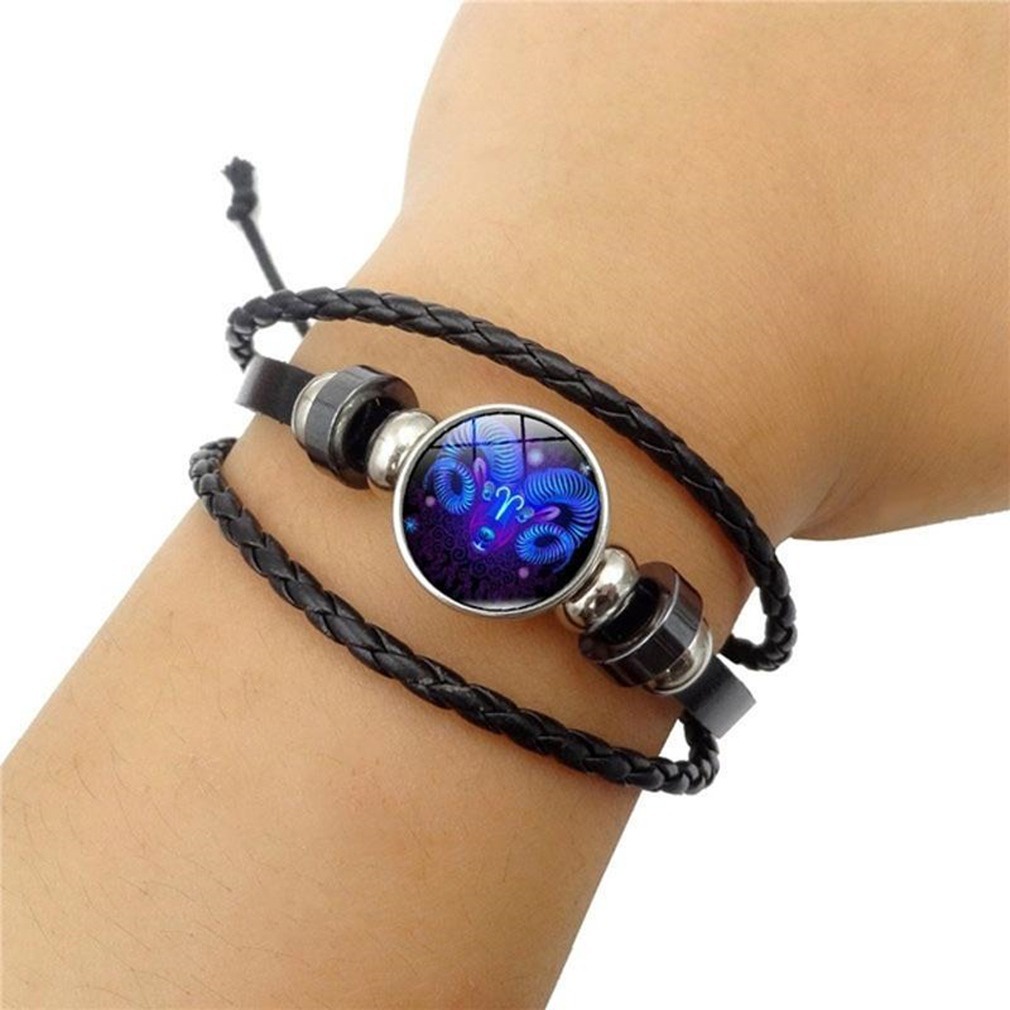 Vòng đeo tay RINHOO FRIENDSHIP da bện mặt họa tiết 12 cung hoàng đạo phát sáng tùy chọn thời trang cho cặp đôi