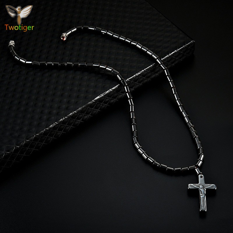 Vòng cổ mặt thánh giá khoá nam châm màu đen cho nam nữ