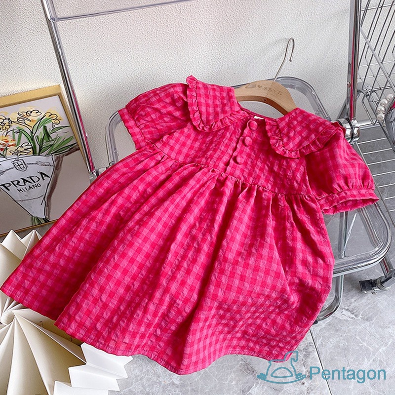 Đầm Công Chúa Tay Phồng In Họa Tiết Caro Dễ Thương Phong Cách Hàn Quốc Thời Trang Mùa Hè Cho Bé Gái