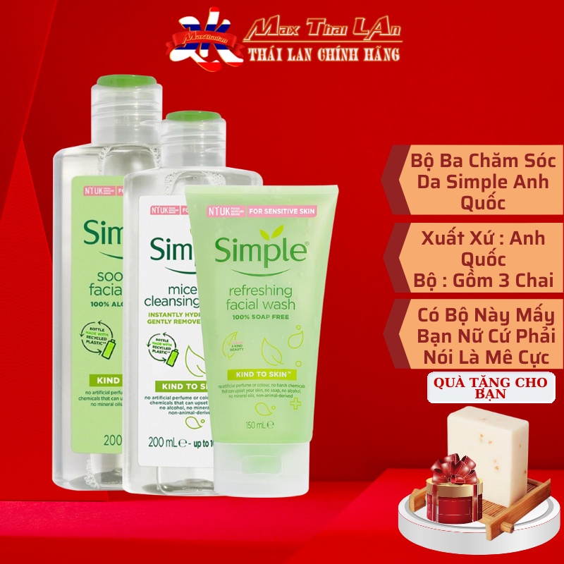 Bộ làm sạch da Simple , Tẩy Trang + Sữa Rửa Mặt + Nước Hoa Hồng Chính Hãng