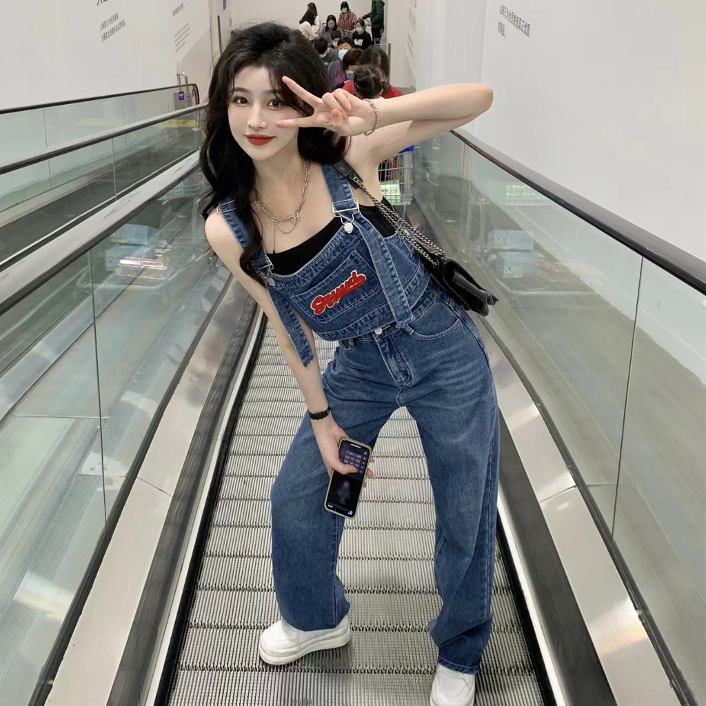 Set Áo Thun Ngắn Tay Cổ Tròn + Quần Yếm Denim Ống Rộng Xẻ Tà Thời Trang Mùa Hè Mới