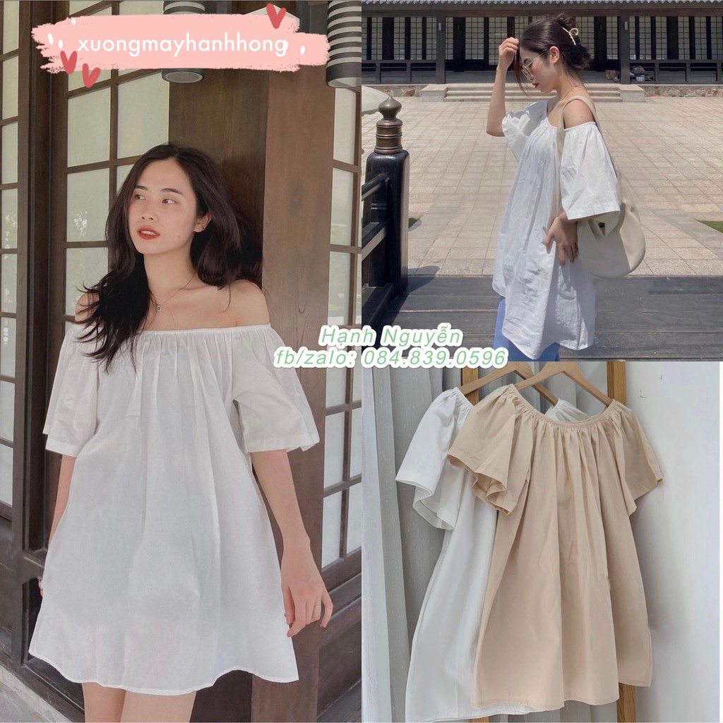 Váy babydoll trễ vai trơn, Áo váy trễ vai mặc 2 kiểu Hàn Quốc