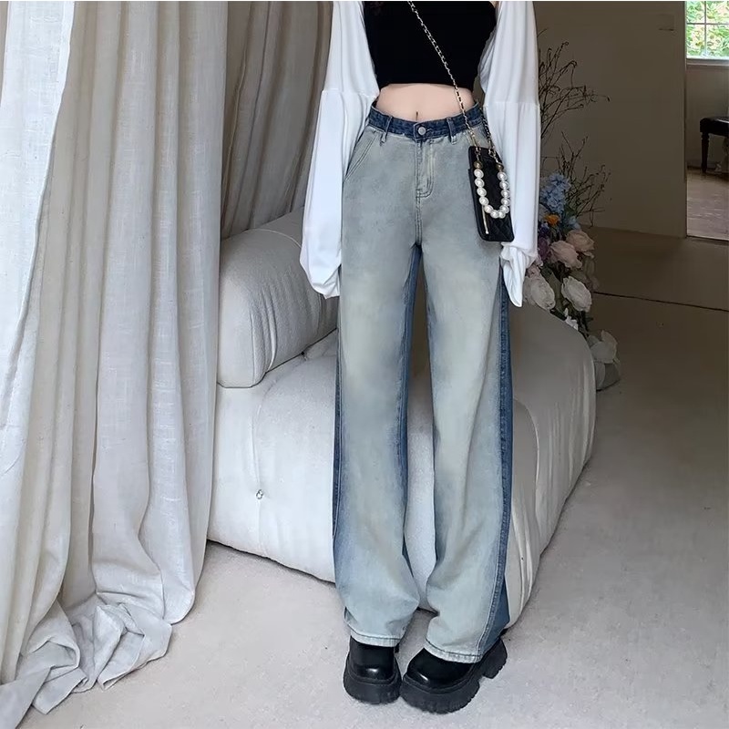 【ZHELIHANGFEI】Quần Jean Ống Rộng Lưng Cao Màu Gradient Theo Phong Cách Retro Dễ Phối Đồ