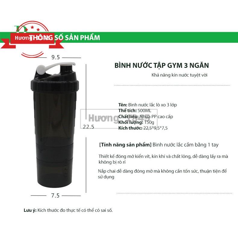 Bình Lắc Shaker Tập GYM 3 Ngăn Tiện Dụng 500 ml