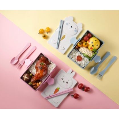 Hộp cơm gấu thỏ cà rốt chữ nhật HC12 Lunch Box thức ăn cute dễ thương pastel 20*12*6cm