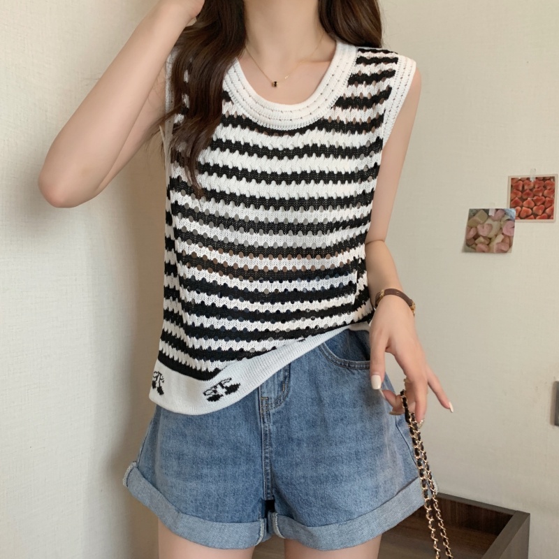 Áo thun ZHELIHANGFEI dệt kim không tay họa tiết cherry kẻ sọc thời trang xinh xắn