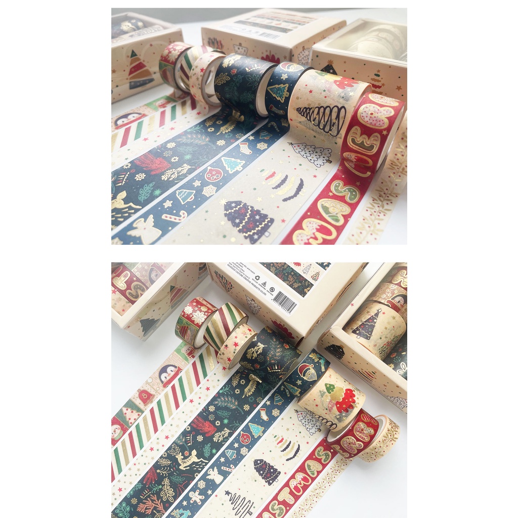 Bộ 8 Cuộn Băng Keo Washi Màu Đồng Họa Tiết Giáng Sinh Dễ Thương Trang Trí Sổ Tay DIY