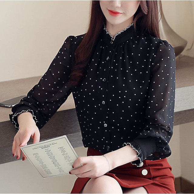 Áo sơ mi nữ công sở thiết kế dài tay chấm bi nhẹ nhàng, chuẩn hàn, chất mềm mát có size to bigsize | BigBuy360 - bigbuy360.vn