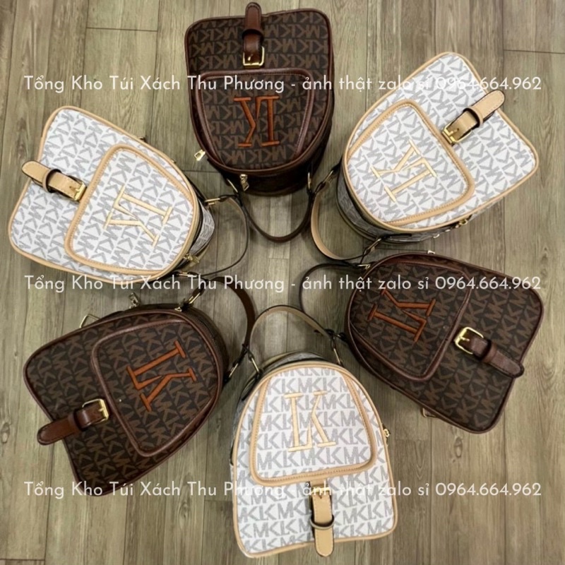 Balo nữ - balo dáng bầu đứng hoạ tiết chữ MK nhỏ gọn siêu xinh (ảnh thật shop chụp)