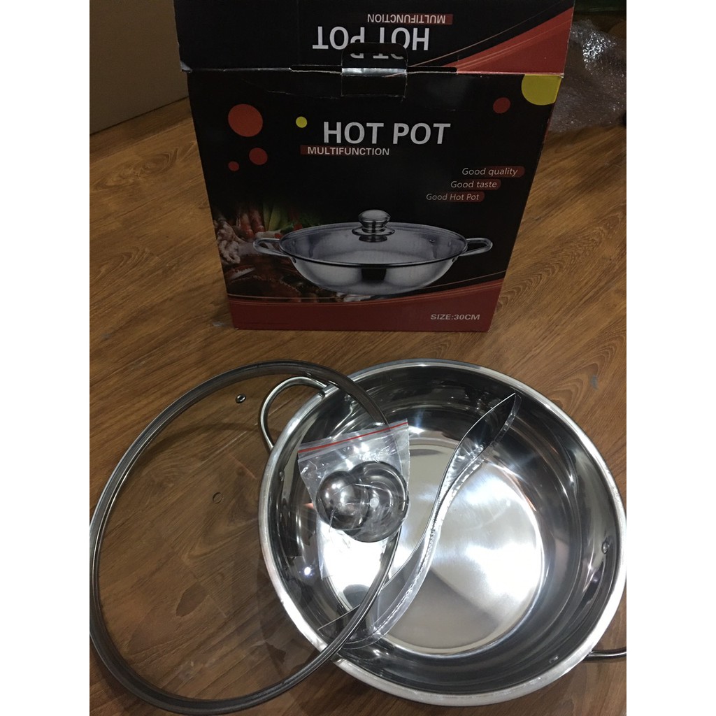 Nồi Lẩu Inox Hai Ngăn Đa Năng Nấu Được Bếp Từ Có Nắp Kính