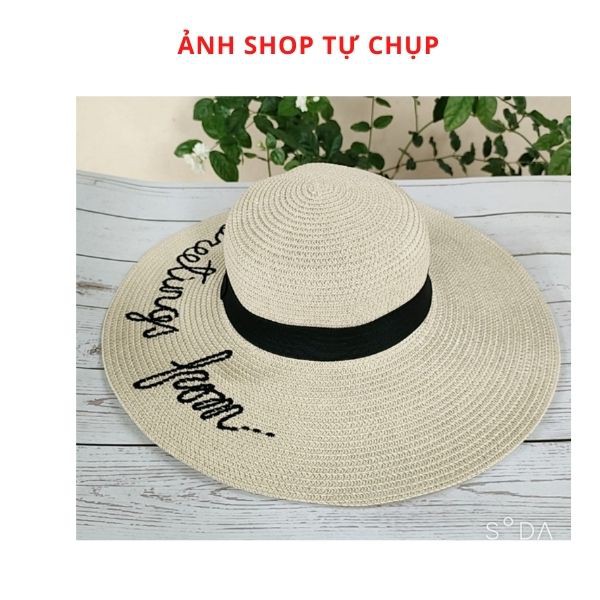 [Ảnh thật] Mũ cói rộng vành, nón cói đi biển nữ vành rộng phối nơ thêu chữ